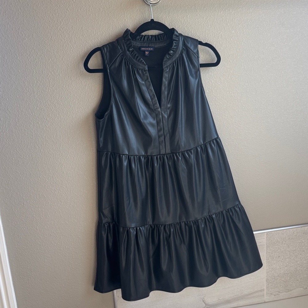 Skies are Blue Black leather Sleeveless Tiered Dress